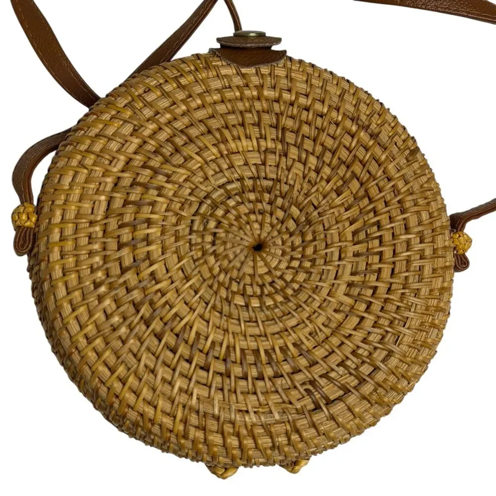 Round Rattan Wicker Purse Shoulder Bag Cross Body Shoulder Brown